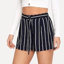 Romwe Pinstripe Belted Shorts