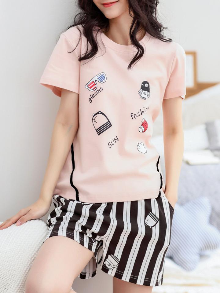 Romwe Cartoon Print Tee & Striped Shorts Pj Set