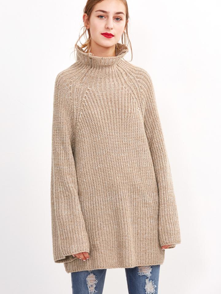 Romwe Apricot High Neck Raglan Sleeve Loose Sweater