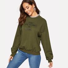 Romwe Drop Shoulder Frilled Neckline Letter Pullover