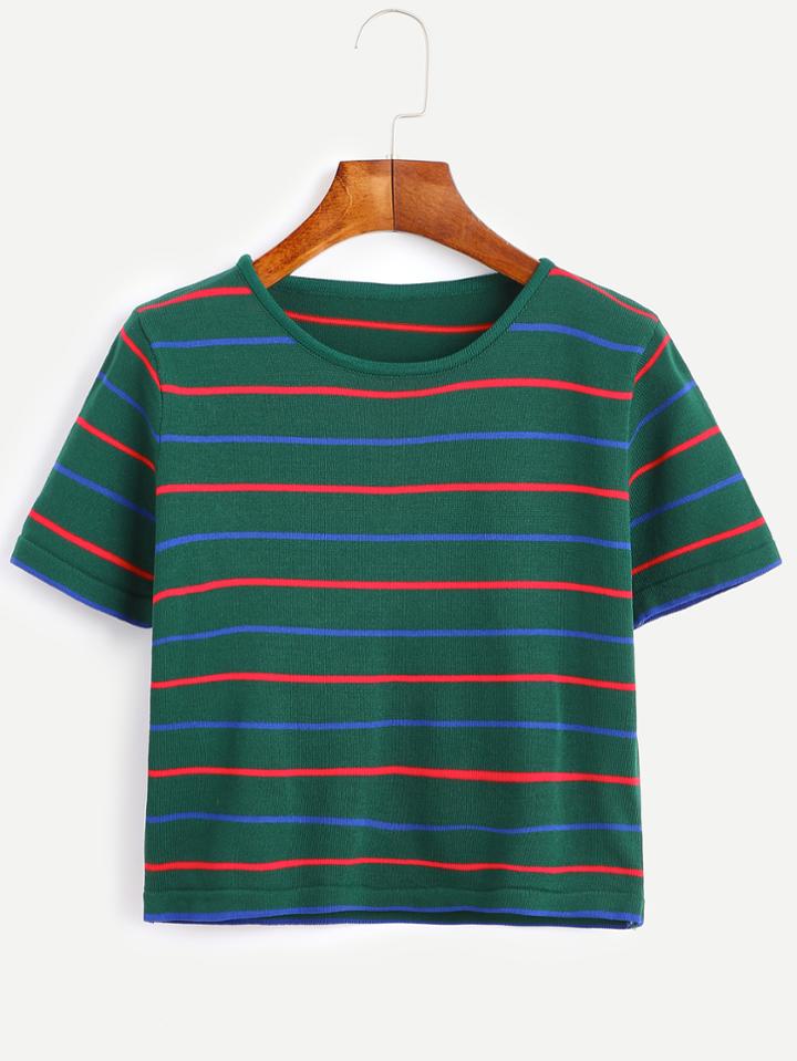 Romwe Green Striped Cuffed Knit Crop T-shirt