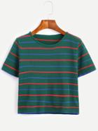 Romwe Green Striped Cuffed Knit Crop T-shirt