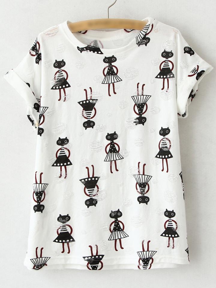 Romwe White Short Sleeve Ripped Hole Print T-shirt