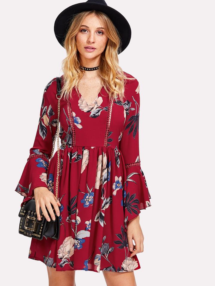 Romwe Trumpet Sleeve Dot Lace Insert Smock Dress