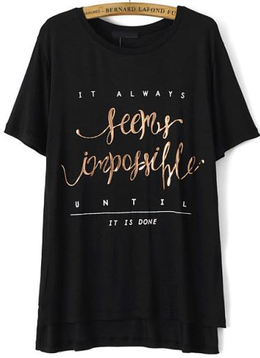 Romwe Black Short Sleeve Letters Print Dip Hem T-shirt