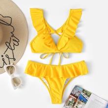 Romwe Ruffle Criss Cross Tie Back Plunge Bikini Set