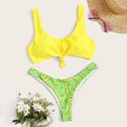 Romwe Knot Hem Top With Random Banana Print Bikini Set