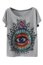 Romwe Romwe Retro Eye Print Loose Grey T-shirt