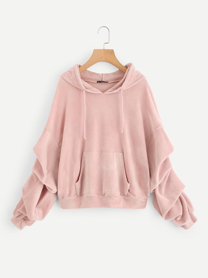 Romwe Pocket Front Gathered Sleeve Velvet Hoodie