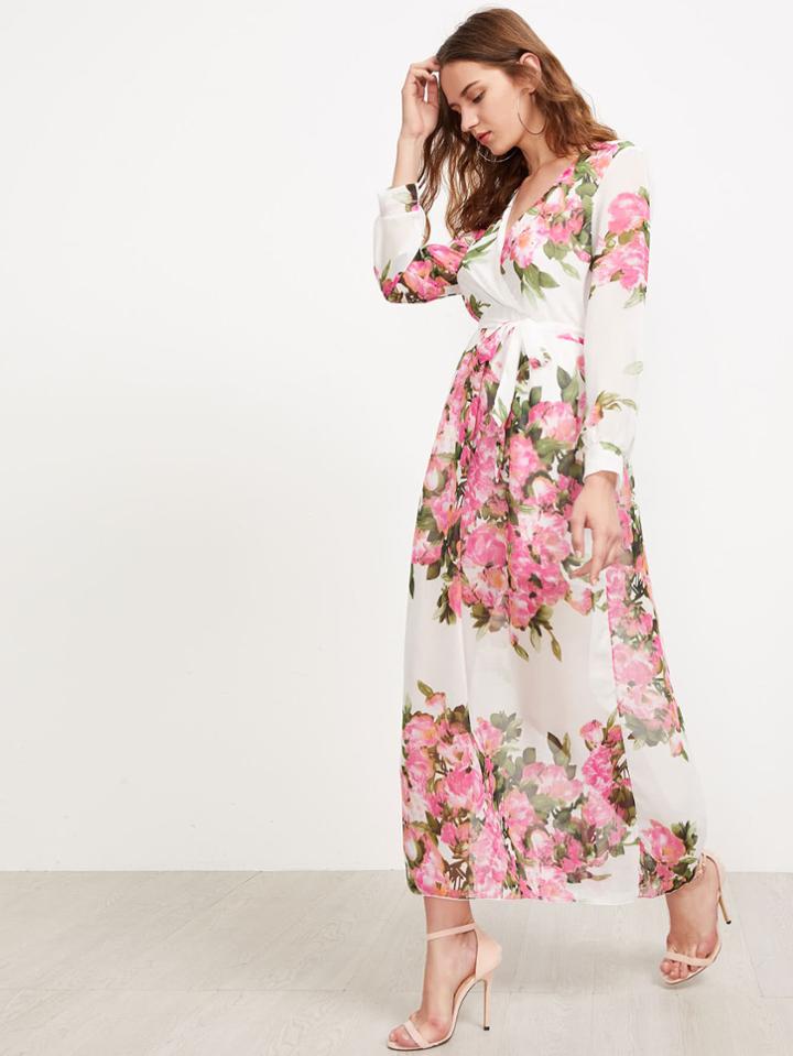 Romwe Surplice Neckline Florals Self Tie Chiffon Dress