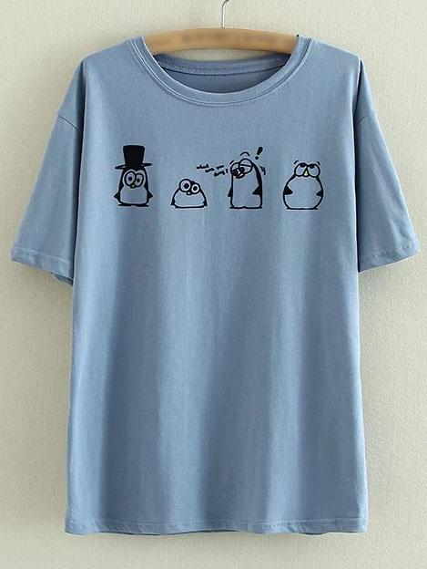 Romwe Blue Short Sleeve Penguins Printed Casual T-shirt