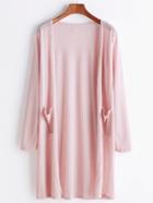 Romwe Pink Open Front Ribbed Pocket Cardigan