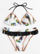 Romwe Bird Print Fringe Bikini Set