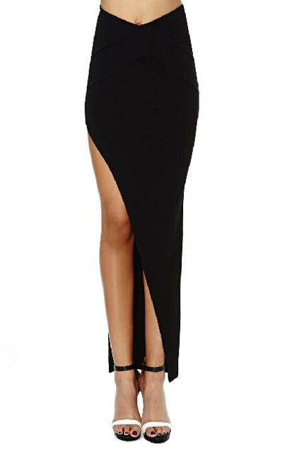 Romwe Oblique Side Slim Sheer Black Skirt