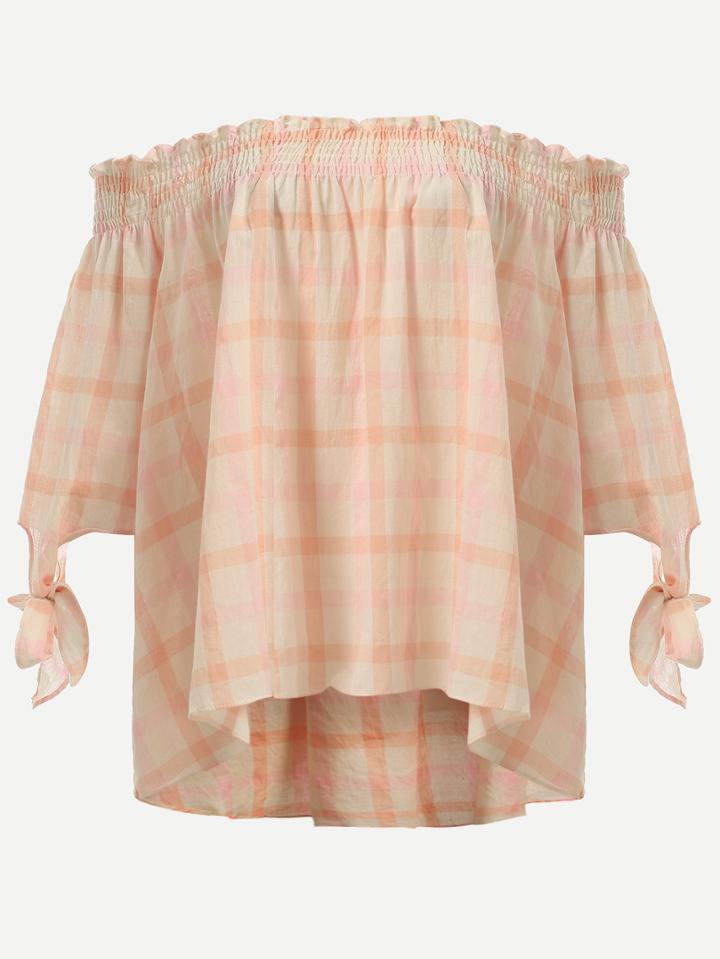 Romwe Off The Shoulder Plaid Bow Shirt