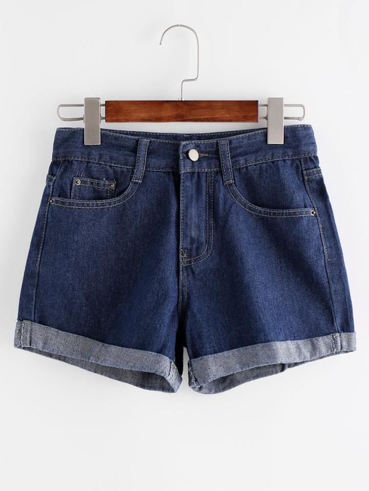 Romwe Blue Ripped Cuffed Hem Denim Shorts