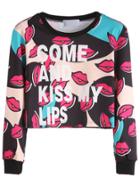Romwe Multicolor Lips Print Crop Sweatshirt