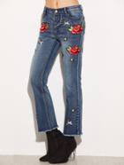 Romwe Blue Frayed Flare Jeans With Embroidered Applique Detail