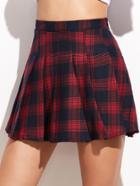 Romwe Red High Waist Plaid Pleated Skirt