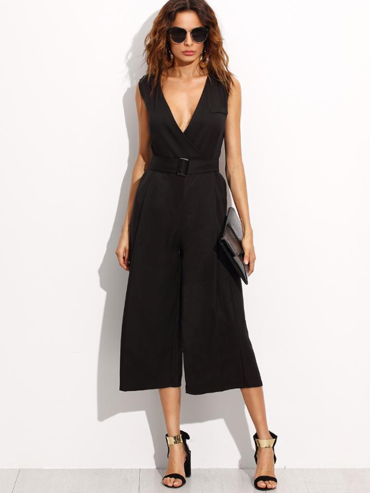 Romwe Black Deep V Neck Jumpsuit With Belt