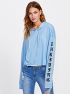 Romwe Drop Shoulder Print Sleeve Raw Hem Hoodie