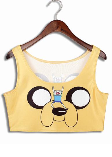 Romwe Yellow Scoop Neck Cartoon Print Crop Tank Top
