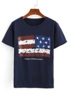 Romwe Stars And Stripes Print T-shirt - Navy