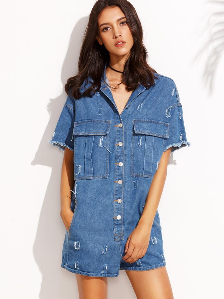 Romwe Blue Button Front Frayed Denim Playsuit
