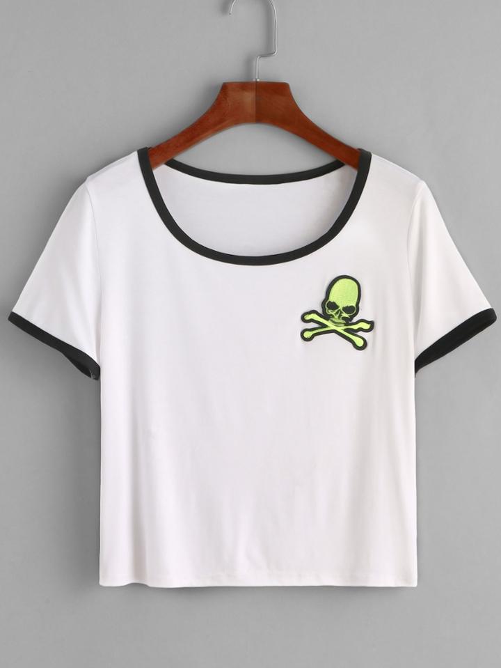 Romwe White Contrast Trim Skull Patch T-shirt