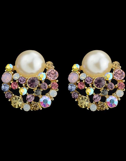Romwe Multicolor Diamond Pearl Stud Earrings