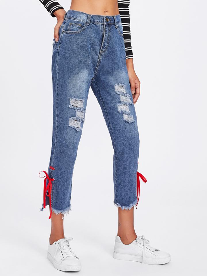 Romwe Bow Tie Side Raw Hem Ripped Jeans