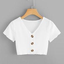 Romwe Single Breasted Ribbed Crop Top