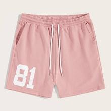 Romwe Guys Number Print Drawstring Waist Sweat Shorts