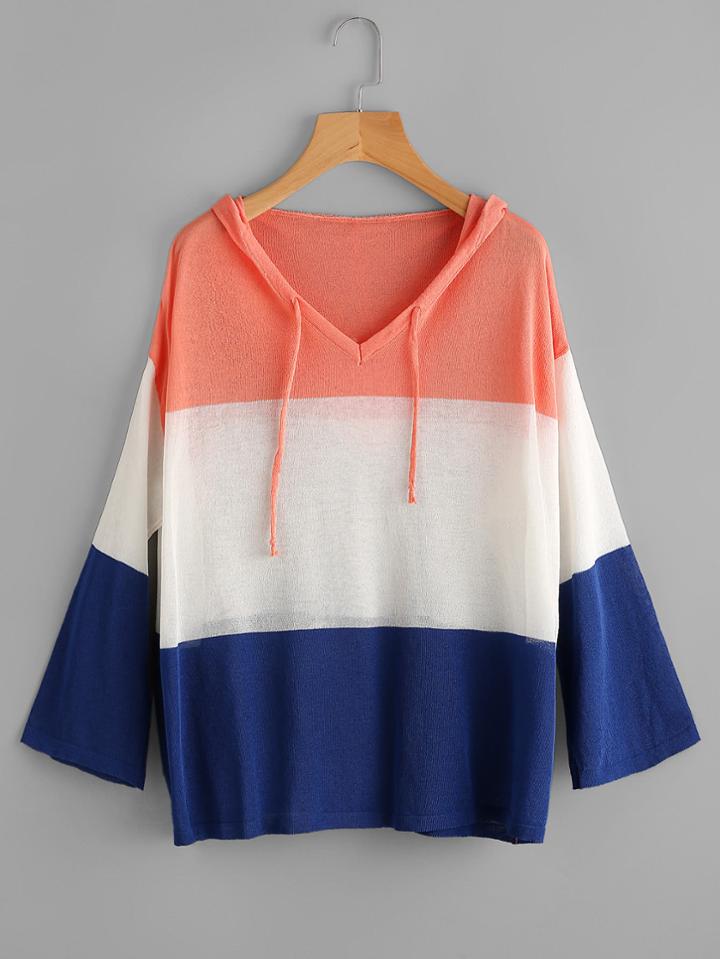 Romwe Hooded Drawstring Color Block Knit Sweater