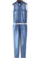 Romwe Lapel With Pockets Fringe Denim Jumpsuit