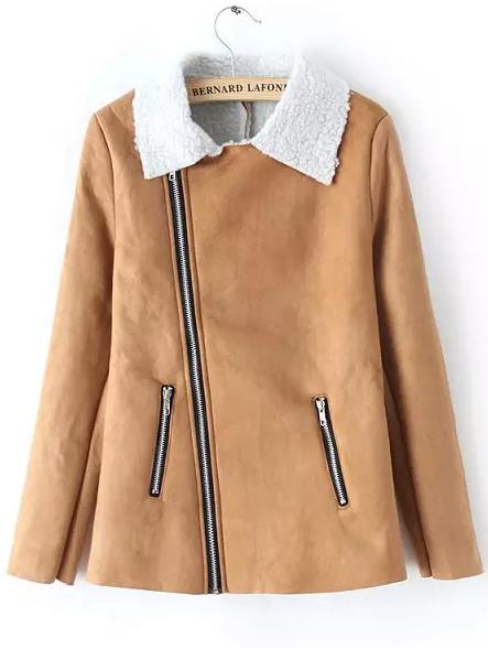 Romwe Lapel Zipper Suede Khaki Coat