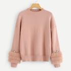 Romwe Faux Fur Contrast Solid Jumper