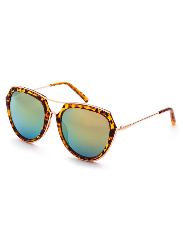 Romwe Gold Leopard Print Frame Double Bridge Sunglasses