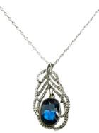 Romwe Dark Blue Gemstone Silver Crystal Chain Necklace