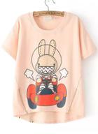 Romwe Dip Hem With Zipper Rabbit Print Pink T-shirt