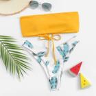 Romwe Lace-up Pattern Bandeau Top With Math Bikini Set