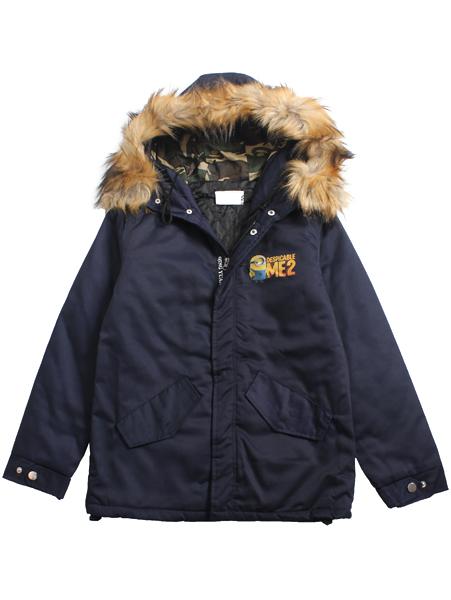 Romwe Deep Blue Minion Print Quilted Coat With Patch Sleeve
