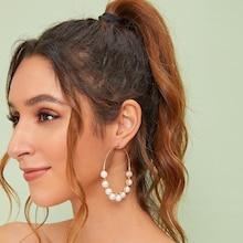 Romwe Faux Pearl Charm Hoop Earrings 1pair