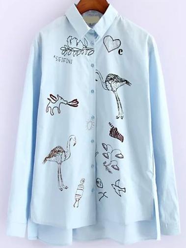 Romwe Lapel Dip Hem Graffiti Print Blue Blouse