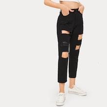 Romwe Button Waist Cut Out Ripped Jeans