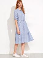 Romwe Vertical Stripe Self Tie Shirtwaist Dress