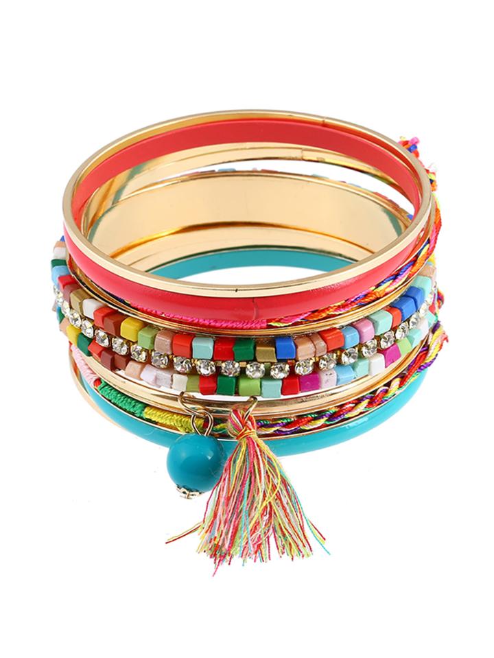 Romwe Tassel Charm Plaited Bangle 9pcs