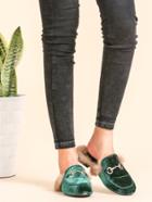 Romwe Dark Green Velvet Fur Lined Loafer Slippers
