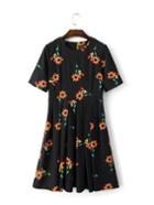 Romwe Black Floral Zipper Pleated Dress