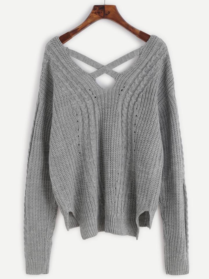 Romwe Grey Cable Knit Criss Cross Back Sweater